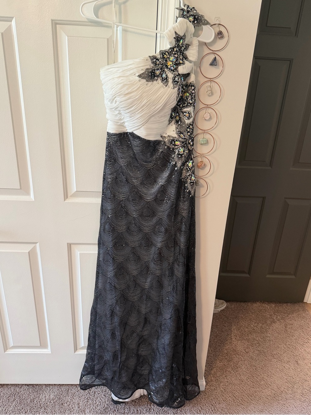 Tony Bowls Black and White Evening Dress with Beaded Trim